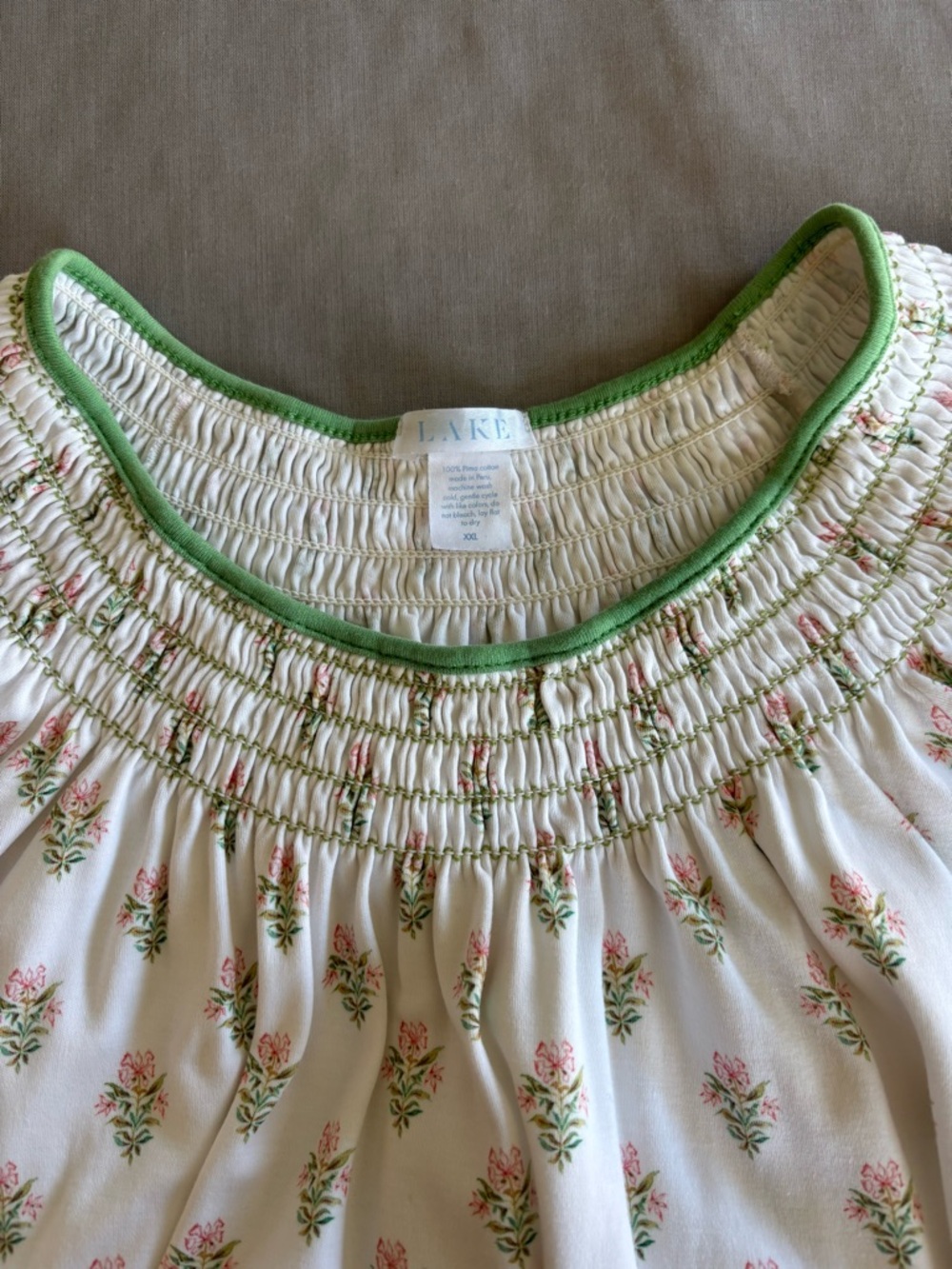 LAKE Pima Cotton White Floral Pink Maxi Nightgown Smocked Green Trim XXL - Picture 6 of 8
